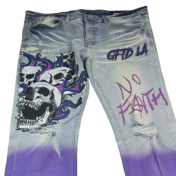 Mens GFTD Los Angeles Distressed Blue Purple Gradient Skull Graphics No Faith Je - Picture 1 of 10